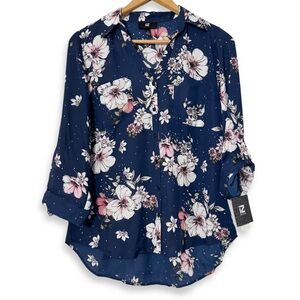 Iz Byer Roll Tab Blouse Crepe Button Down Navy Blue Floral NWT